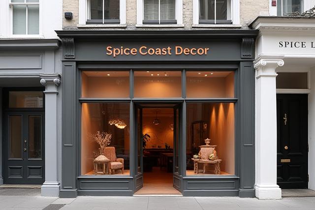 Elegant London storefront with `Spice Coast Decor` signage.